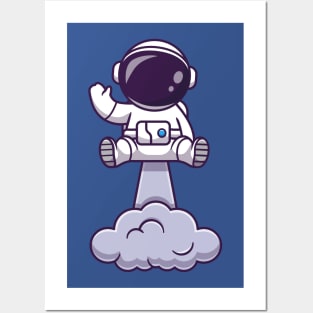 Astronaut Launching On Space And Waving Hand Cartoon Posters and Art